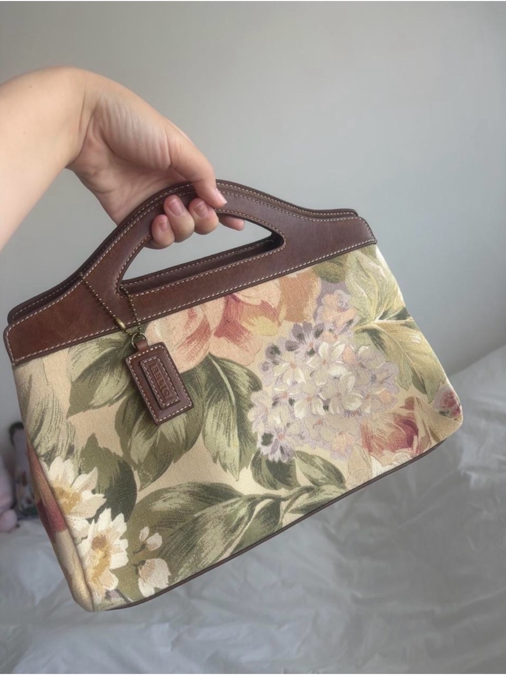 Floral Canvas Top-Handle Satchel in Brown and Cream